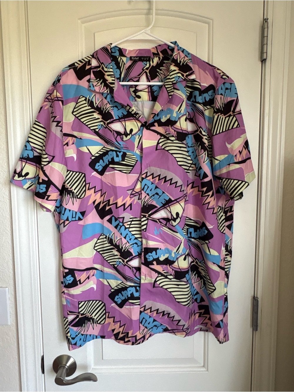 ROMWE Men's Neon Abstract Retro 80s/90s Graphic Button-Up Shirt - Size L